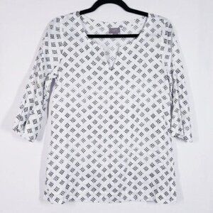 J. Jill White Linen Shirt Diamond Dot Split Neck Top‎ Elbow Sleeves Swing Hem XS